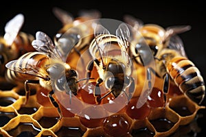 Close-up of Honeybees Collecting Nectar on Honeycomb. photo