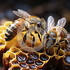 Close-Up of Honeybees at Work on Golden Honeycomb