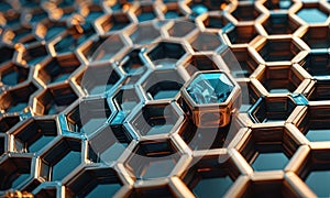 A close up of a honeycomb with a blue diamond in the middle.