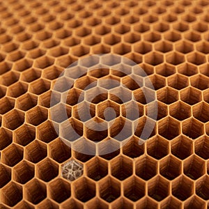 Close-up of a honeycomb structure displaying a repetitive hexagonal pattern. Each