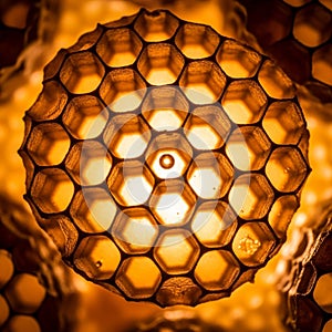 A close-up of a honeycomb structure, showcasing hexagonal cells made from a translucent material.