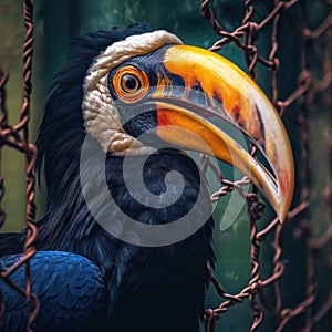 Close up of a horned toucan in a cage