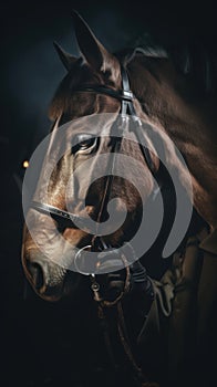 A close up of a horse with a bridle on. AI generative image.