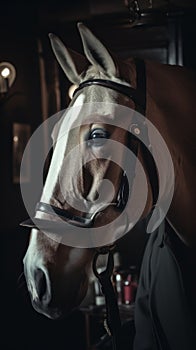 A close up of a horse with a bridle on. Generative AI image.
