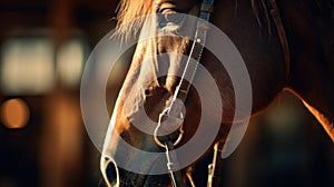 A close up of a horse with bridle and reins in hand, AI