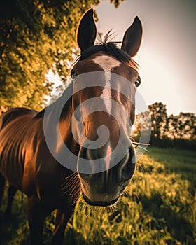 Close-up of a horse looking at the camera in a meadow at sunset. created with Generative AI technology.