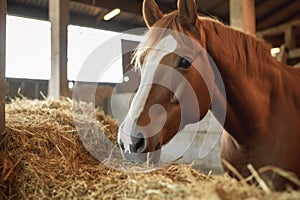 close-up of horse munching hay in stable