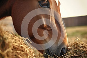 close-up of horse muzzle nibbling hay from ground