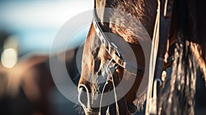 A close up of a horse& x27;s face with bridle and reins, AI