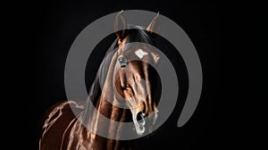 Close up of horse& x27;s head with its eyes open and looking forward. Generative AI