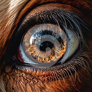 A close-up of a horse's muzzle. Animal head. The eye of a horse. A horse's face. Body part. Farm life