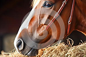 close-up of horse teeth munching on hay