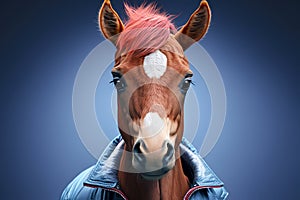 Close up of horse wearing blue jacket with white spot on it's forehead. Generative AI