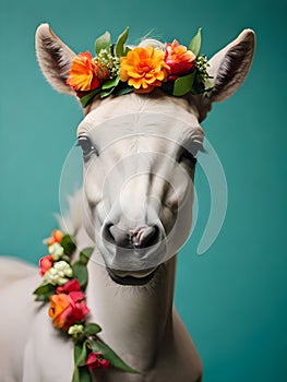 Close up, horse wearing a colorful big flower crown. Very minimalistic style, green background