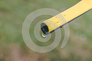 Close up of a hose pipe with a drop of water dripping and grass on the background