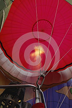 close-up of hot air balloon basket burners and red envelope photo