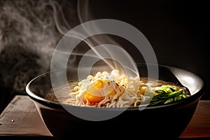 close-up of hot bowl of ramen with steam rising and curly noodles visible