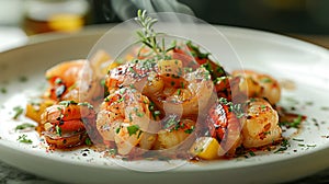 Close-up of hot cooked shrimp in sauce and hot pepper and green onions. An appetizing prawn dish on a plate with smoke