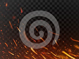 Close-up hot fiery sparkles and flame particles isolated. Inferno fire sparks and flaming flakes dark vector background