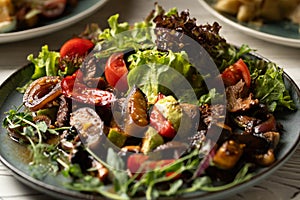 Close-up of hot salad with beef fillet and grilled vegetables served on a plate