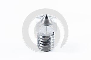 Close-up of a hotend, part of a 3D printer, isolated on a white background