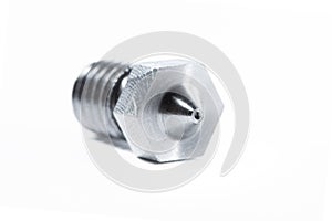 Close-up of a hotend, part of a 3D printer, isolated on a white background