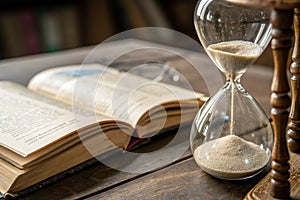 Close-up of hourglass with book on table