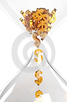 Close up of hourglass with dollar signs falling inside it isolated on white background. 3d illustration