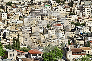 Close up of the houses and buildings of old jerusalem, the green trees the roads.