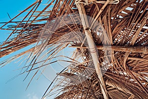 Close up of hovel made of palm leaves on beach