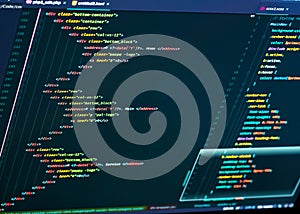 Close up of HTML and CSS code developing. Website Coding