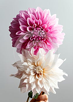 Close up of a huge creme blooming Dahlia Cafe au Lait and Cotton candy Hybrid flowers photo