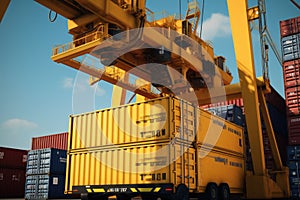 Close-up of a huge port crane. Containers are stacked on the loading dock and ready to be loaded onboard a container