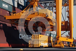 Close-up of a huge port crane. Containers are stacked on the loading dock and ready to be loaded onboard a container