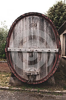 Close up of a huge wooden barrel for wine, Tuscany, Italy