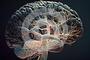 Close up of human brain showing neurons firing and neural extensions, limbic system Mammillary pituitary gland, amygdala photo