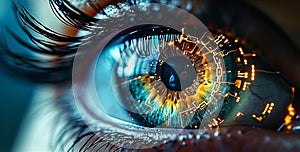 Close-up of a human eye with advanced cybernetic enhancements symbolizing futuristic vision technology