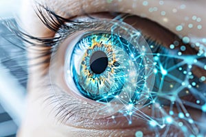Close up of human eye with biometric scan. The concept of modern virtual reality,