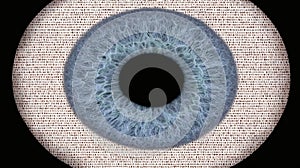 Close-up of Human Eye with Blue Iris and Binary Code Background
