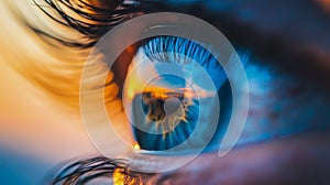 Close-Up of a Human Eye Capturing a Stunning Sunset Reflection