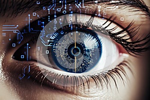 Close up of human eye with circuit board. Technology concept. 3D rendering, A close-up of a human eye with a digital business