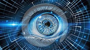 Close-up of the human eye. The concept of cybersecurity. Generated by AI.