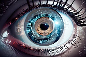 Close up of human eye with digital binary code. Generative AI