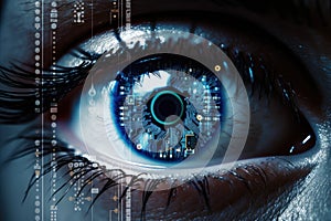 Close up of human eye with digital circuit concept. 3D rendering, A close-up of a human eye with a digital business interface,