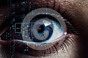 Close up of human eye with digital circuit. Technology concept. 3D rendering, A close-up of a human eye with a digital business