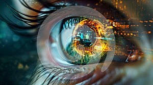 A close-up of a human eye with a future-themed cybernetic implant. AI generated