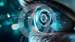 Close-up of a human eye with futuristic digital interface, representing technology and innovation in a digital world
