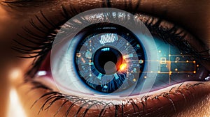 Close-up of human eye with futuristic digital overlay concept of biometric scanning technology and advanced personal