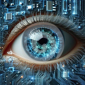 Close-up of a human eye merged with a circuit board, symbolizing advanced biotechnology and artificial intelligence.