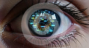 Close up of a human eye reflecting AI technology and digital data